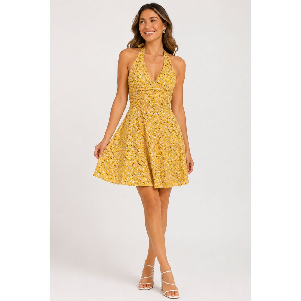 HuHot Women's L Yellow Floral Halter Sundress Fit & Flare Summer Boho